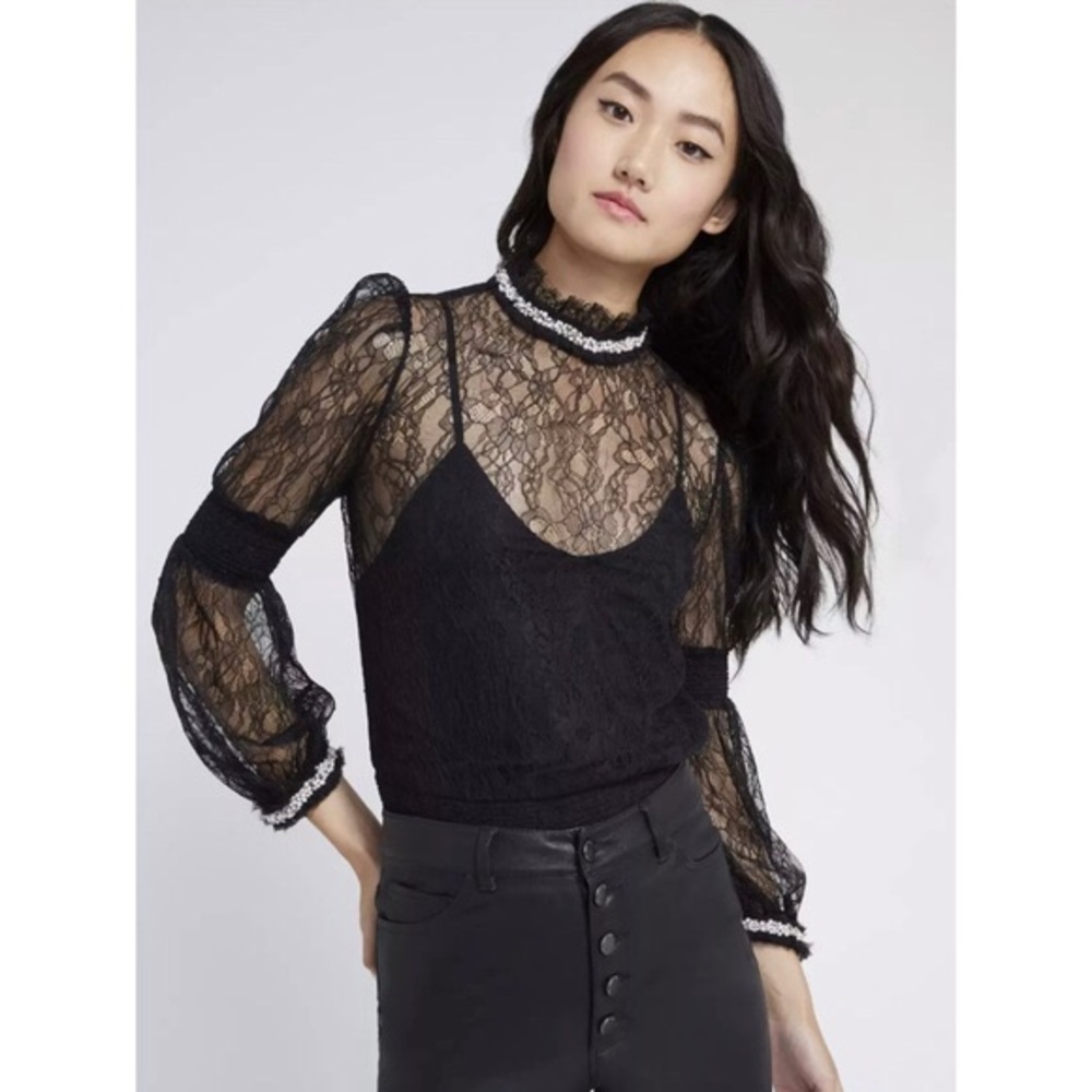 Alice + Olivia Jewel Crystal Embellished Lace Top